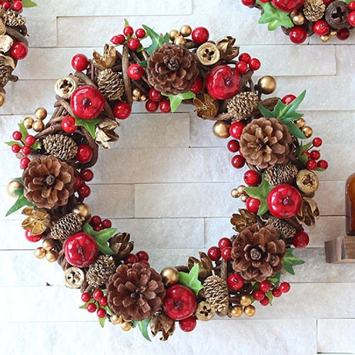 りんご・松ぼっくり・レッド・赤・ゴールド・金・リース (28R12