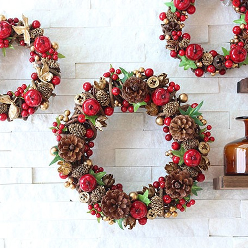 りんご・松ぼっくり・レッド・赤・ゴールド・金・リース (28R12