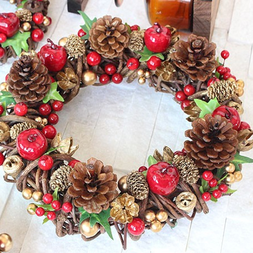 りんご・松ぼっくり・レッド・赤・ゴールド・金・リース (28R12