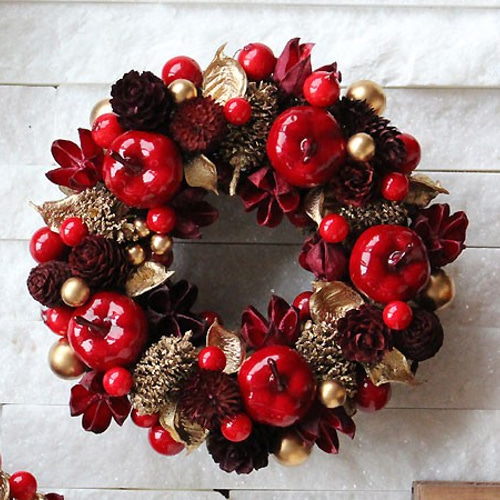 ミニ・りんご・松ぼっくり・レッド・赤・ゴールド・金・リース