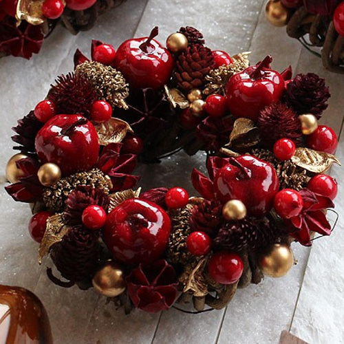 ミニ・りんご・松ぼっくり・レッド・赤・ゴールド・金・リース (39R21