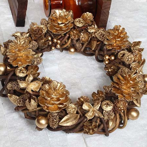 クリスマスリース ゴールドリボン 松ぼっくり クリスマスリース 48cm ゴールド リボン まつぼっくり Lサイズ LED