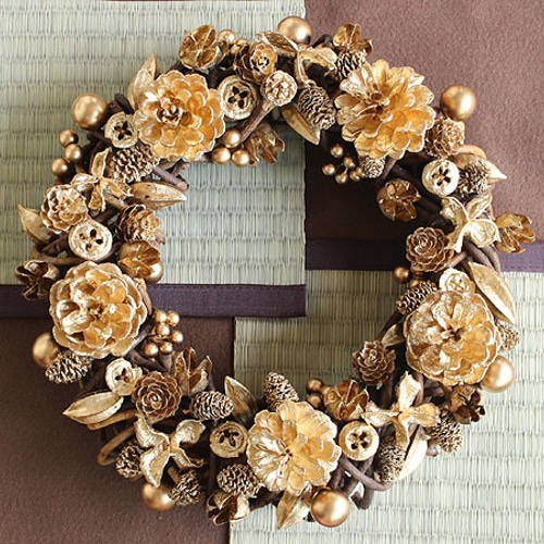 28cm/ ゴールド・金・松ぼっくり・リース (G04S) リース sunleaf 通販