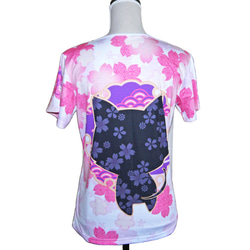和柄Tシャツ 椿Collection かわいい猫 ピンク 着物柄 半袖 3枚目の画像