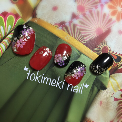 311】オーダー❉赤 金 花 アート 成人式 卒業式 振袖 着物 和装ネイル