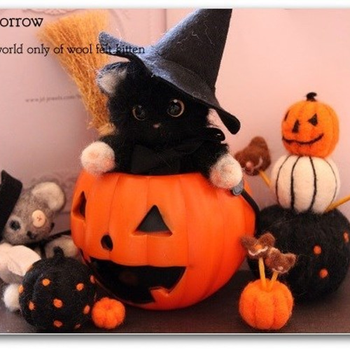 ハンドメイド☆羊毛フェルト ハロウィン 猫 魔法 ネコ ハンドメイド