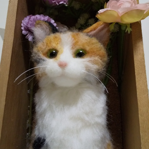 羊毛フェルト】フレーム入り三毛猫ちゃん 羊毛フェルト パステルミケ