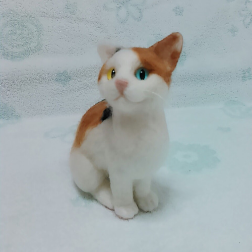 オッドアイの三毛猫!?ジャパニーズボブテイル風の羊毛猫ちゃん!! 羊毛