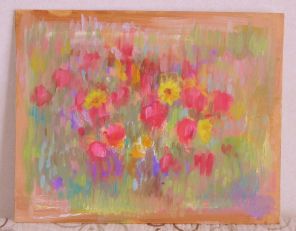 「輝き-春の花」生命の輝きを放つ小さな花たちを描きました。KUMI作の原画です。キャンバスボードに抽象的に描きました。 1枚目の画像
