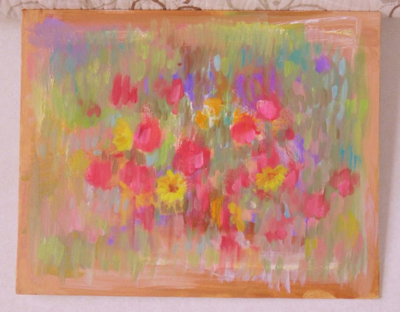 「輝き-春の花」生命の輝きを放つ小さな花たちを描きました。KUMI作の原画です。キャンバスボードに抽象的に描きました。 2枚目の画像