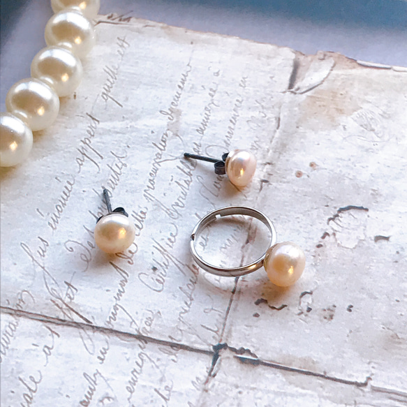 淡水珍珠耳環和戒指套裝 第5張的照片