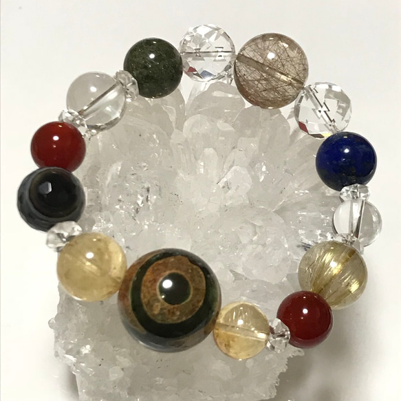 二眼天珠と天然石ブレスレット　チベット天珠　ルチルクォーツ　ローズクォーツ 二眼天珠と天然石ブレスレットチベット天珠ルチルクォーツローズ