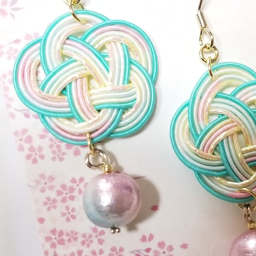 水引細工 ピアス梅結びとコットンパール 3 ピアス（フック