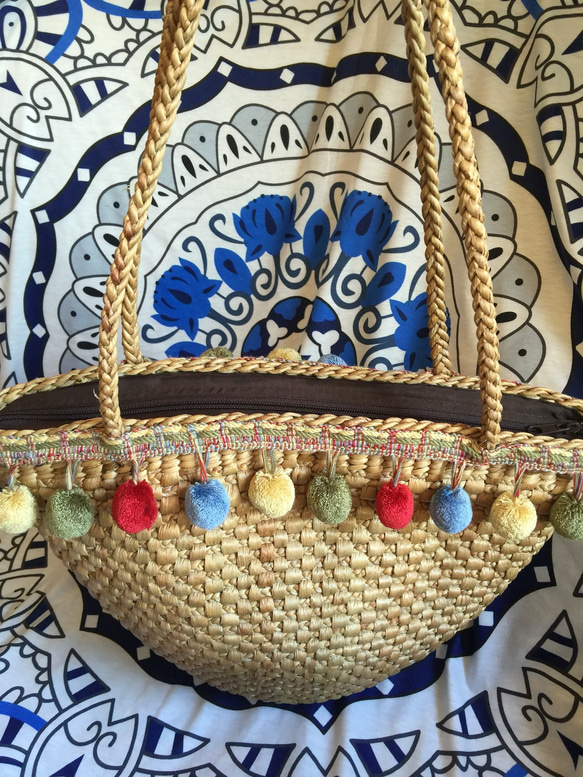 カラフルポンポンフリンジ付き カゴバッグ かごバッグ Kathy  