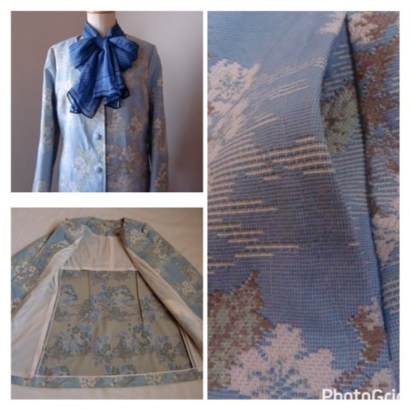 春に！ゴブラン織り•ペールブルー・桜の2Wayロングジャケット 3枚目の画像