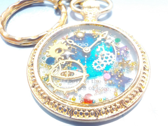透明な 歯車 針の 懐中時計 キーホルダー キーリング ♪ あかい
