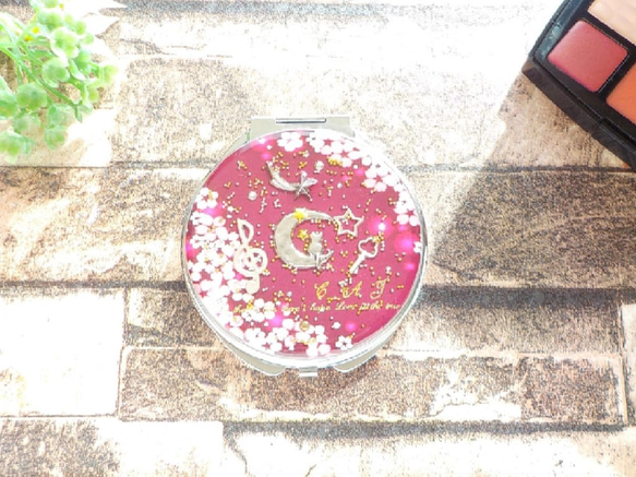“ Creema限量版”緊湊型鏡子酒紅色櫻花花園賞月貓鏡 第1張的照片
