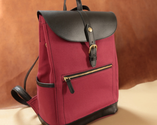 大人の帆布＆レザートリム ミニ スリムリュック ワインレッド色New