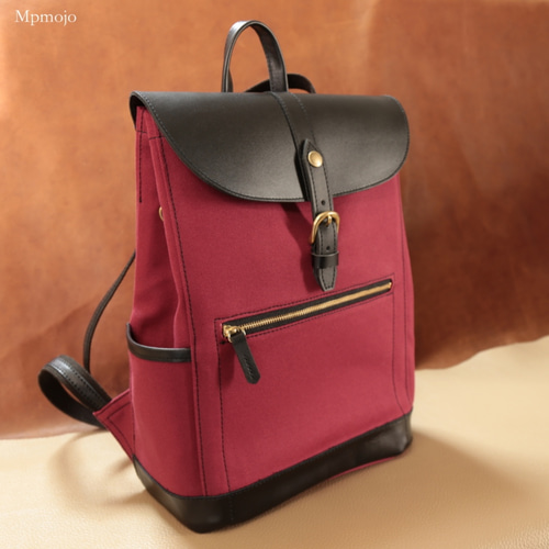 大人の帆布＆レザートリム ミニ スリムリュック ワインレッド色New