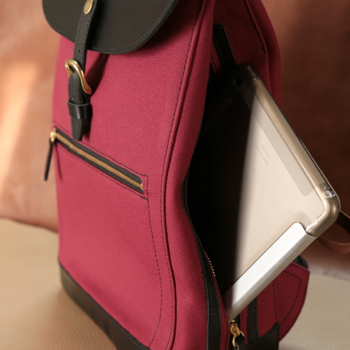 大人の帆布＆レザートリム ミニ スリムリュック ワインレッド色New