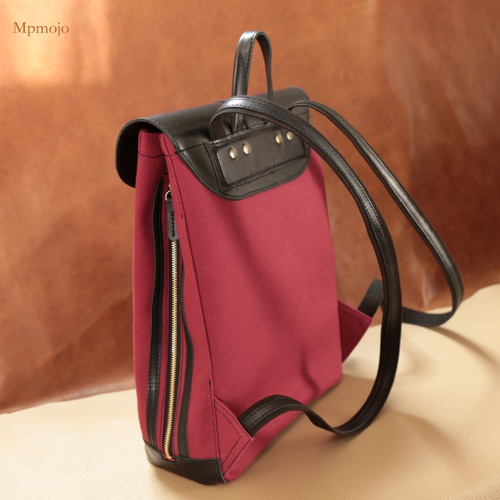 大人の帆布＆レザートリム ミニ スリムリュック ワインレッド色New