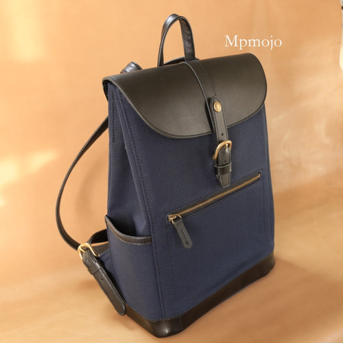 大人の帆布＆レザートリム ミニスリムリュックNavyxBlack ATプレミアム