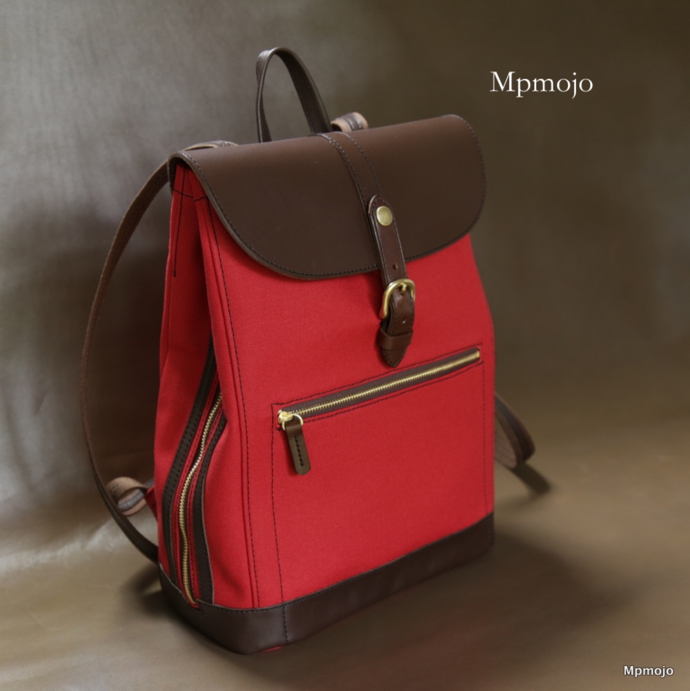 大人の帆布＆レザートリムミニスリムリュック　Red&Brown