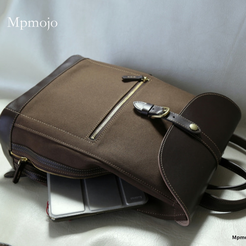 大人の帆布＆レザートリムミニスリムリュック チョコチップ