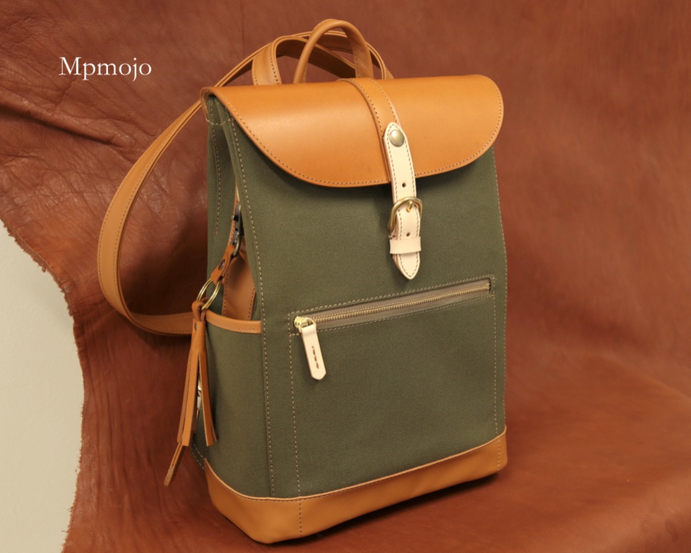 新作!！大人の帆布＆レザートリムミニスリムリュック Limitedプレミアム　カーキxキャメル