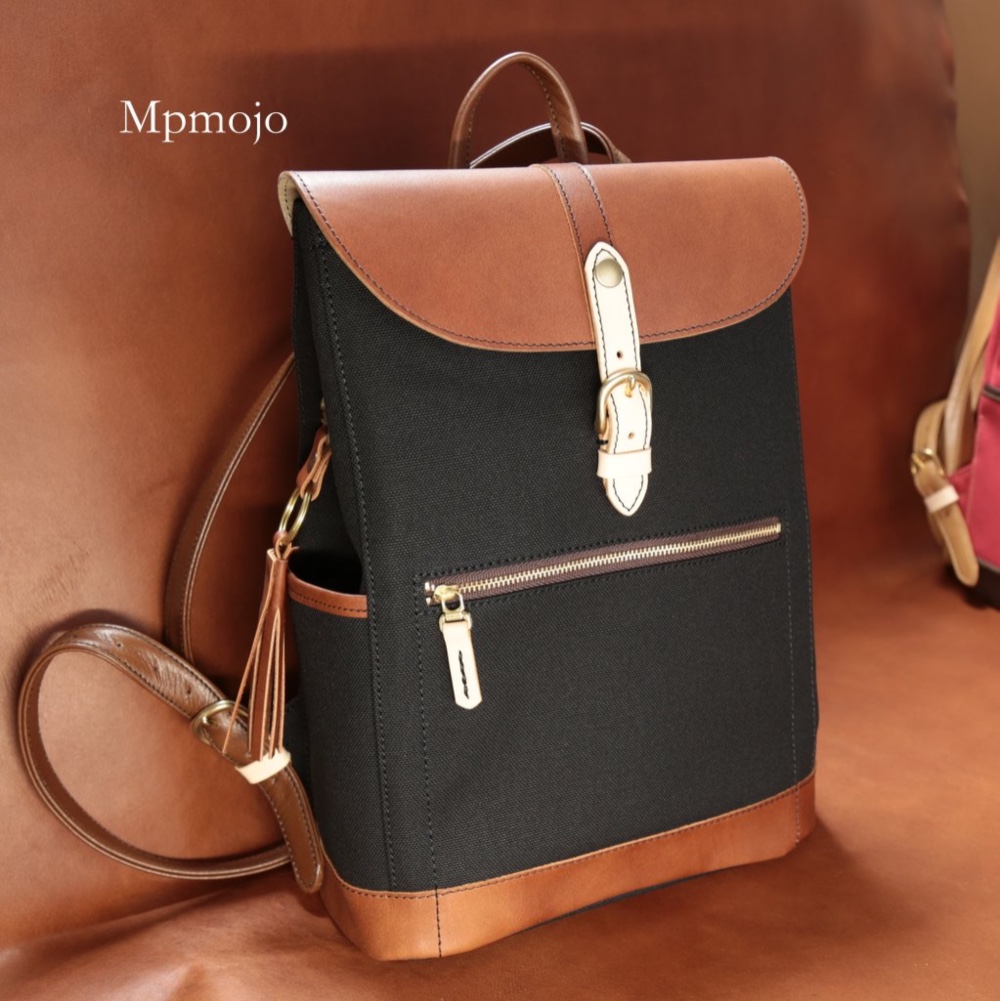 新作!！大人の帆布＆レザートリムミニスリムリュック プレミアム　BlackxBrownSW