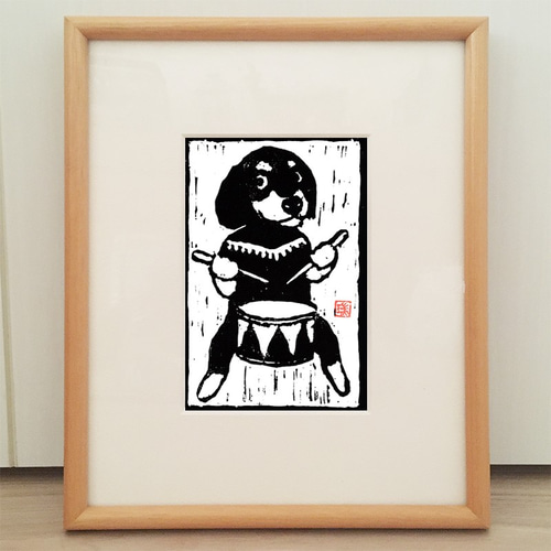 木版画「犬と小太鼓」（額なし） 版画 AtelierVine 通販 9919569