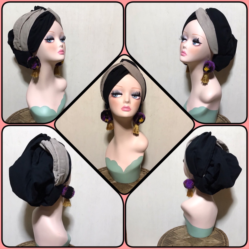 新作　春夏秋冬通年素材　グレージュ×ブラック　ダブルガーゼ　ダブルクロス　帽子　帽子にもなる　ヘアターバン ヘアバンド