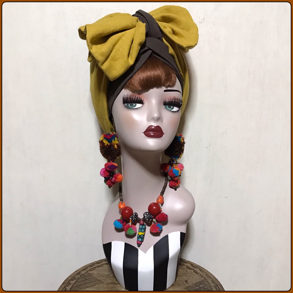 新作　ブラウンベース　着せ替えヘアターバン　ぽっこりターバン×帯リボンセット　ヘアバンド