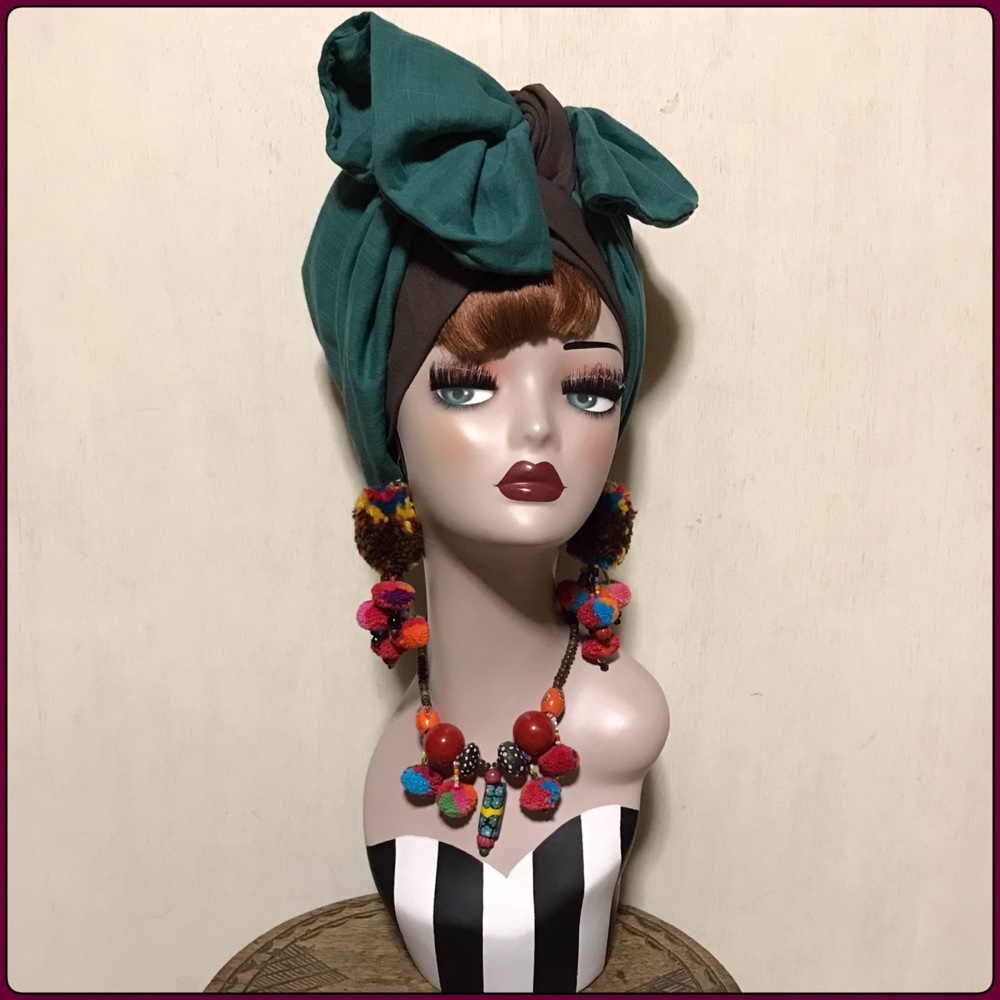 新作　ブラウンベース　着せ替えヘアターバン　ぽっこりターバン×帯リボンセット　ヘアバンド