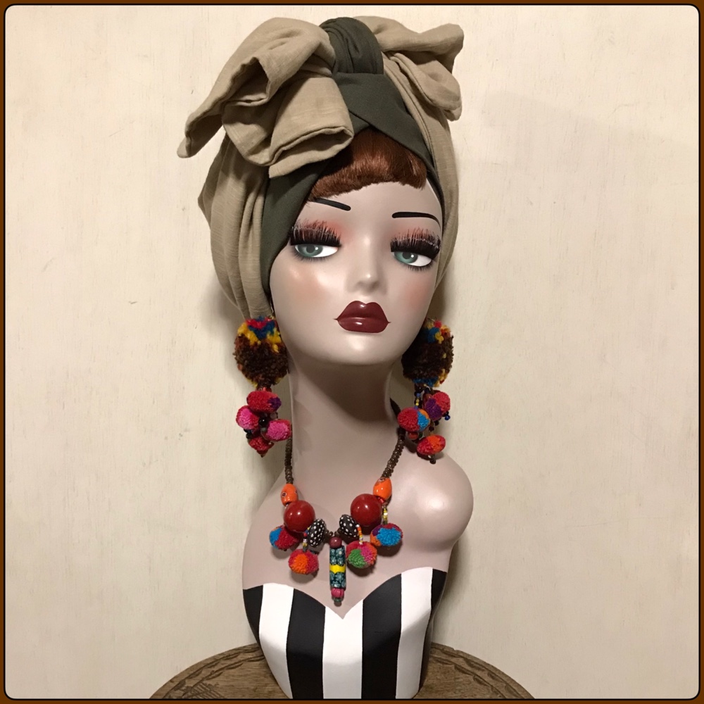 新作　カーキベース　着せ替えヘアターバン　ぽっこりターバン×帯リボンセット　ヘアバンド