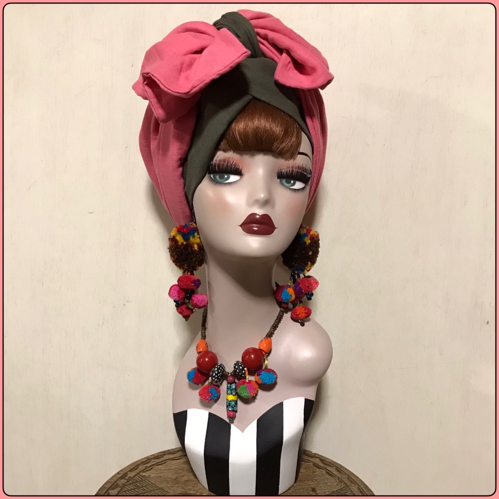 新作　カーキベース　着せ替えヘアターバン　ぽっこりターバン×帯リボンセット　ヘアバンド