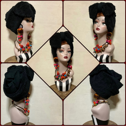 ミニ　着せ替えヘアターバン　ブラック　帯リボン　セット　スラブダブルガーゼ ミニ着せ替えヘアターバンブラック帯リボンセットスラブダブルガーゼ