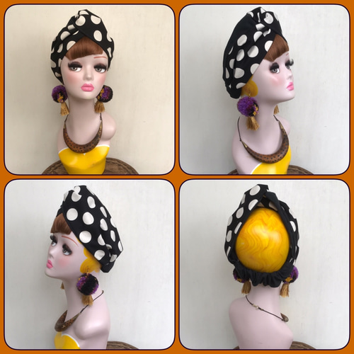 ドット 水玉模様 白黒 モノトーン ヘアターバン ヘアバンド ヘアバンド  