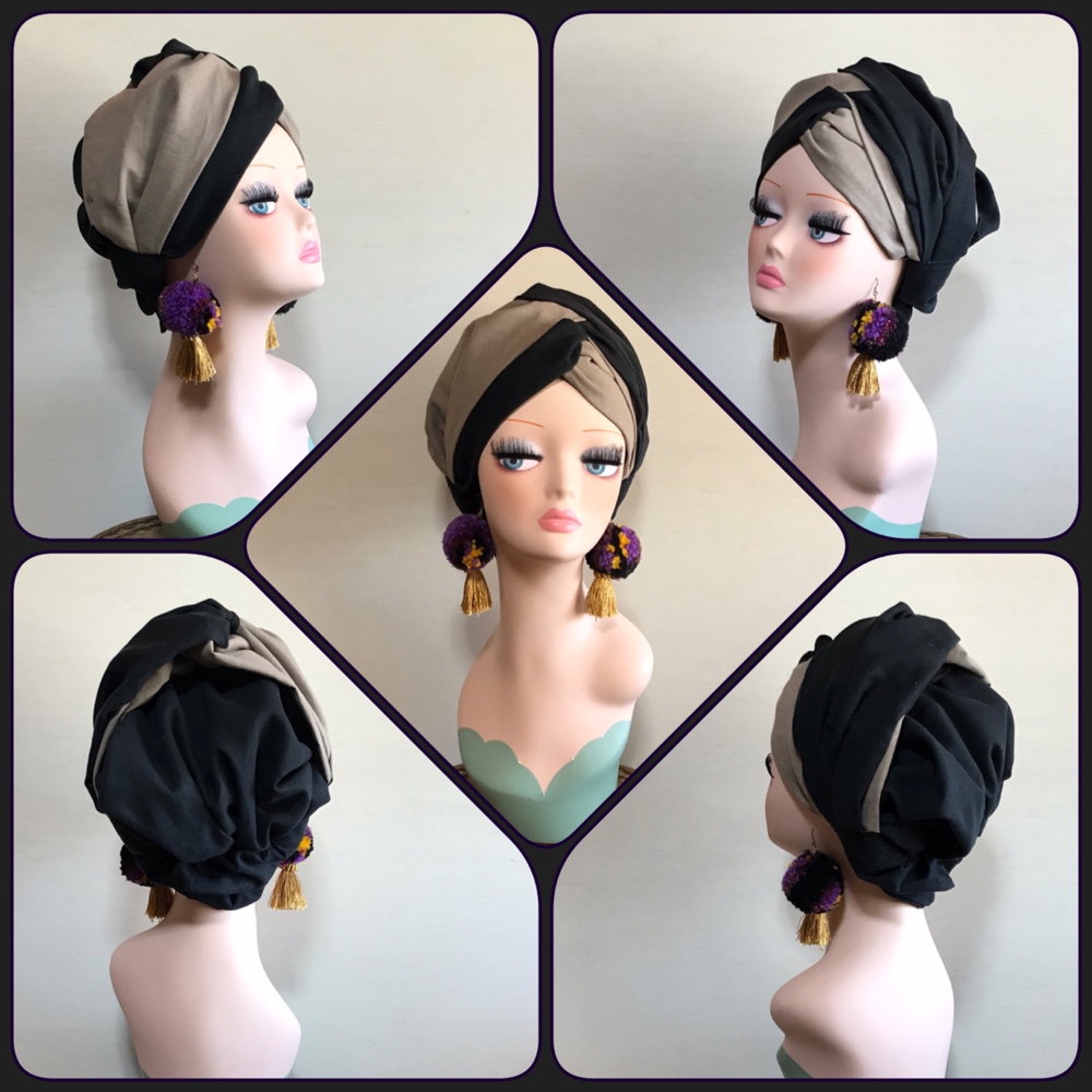 帽子としても　帽子にも　帽子　ターバン帽子　ヘアターバン ヘアバンド　ブラック×グレージュ