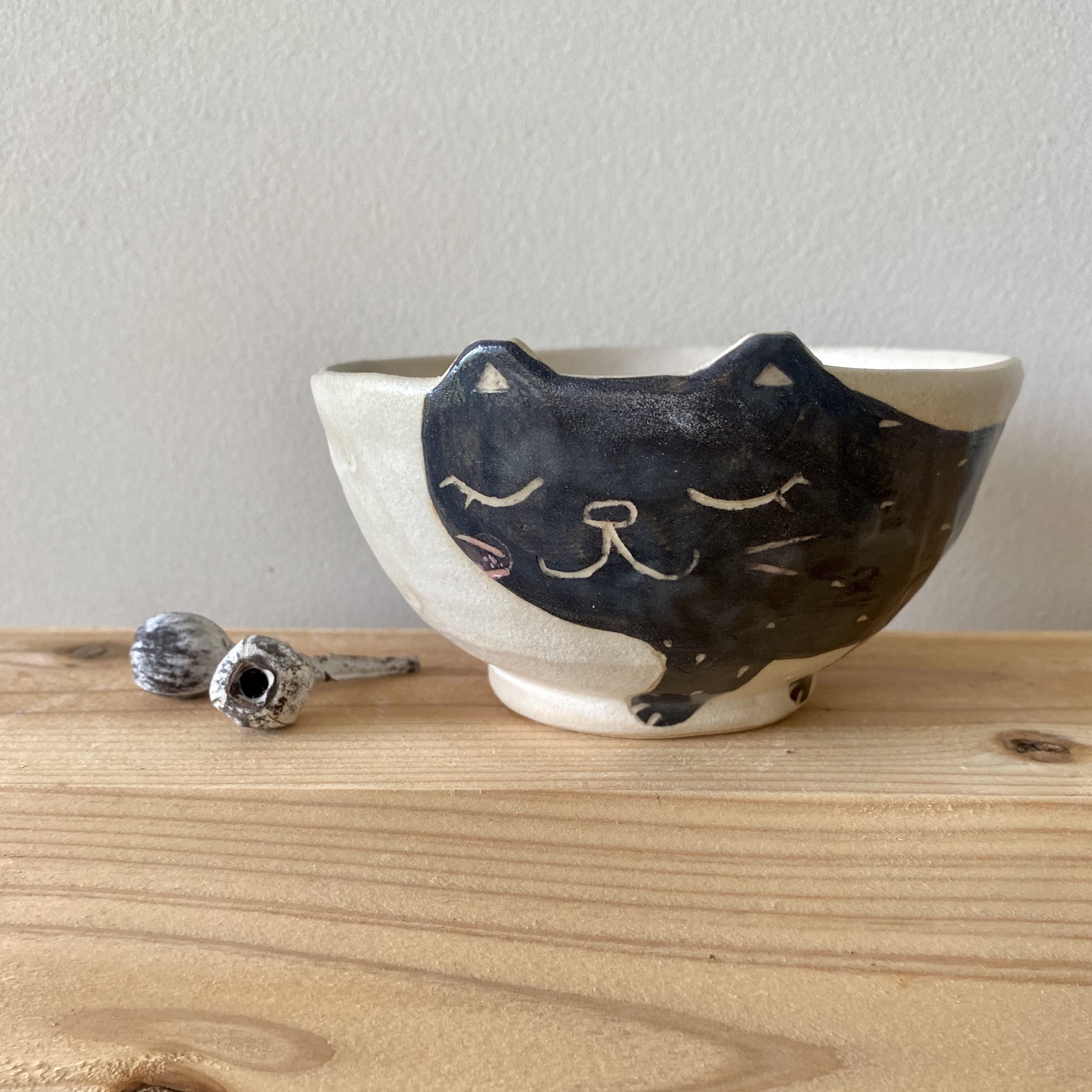 《受注制作》ねこ耳付き白いご飯お茶碗●黒猫●