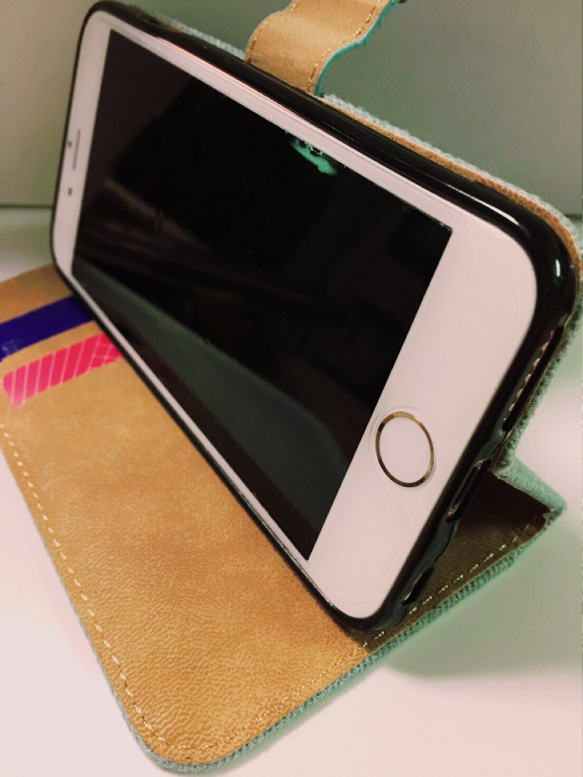 受注生産 iPhone6/6s ☆天然石ターコイズチャーム☆デニムインディゴブルー手帳型ケース☆iPhoneケース 4枚目の画像