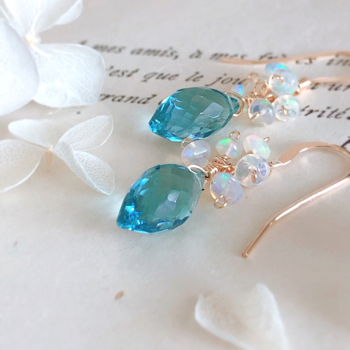 天然石♡桜プレシャスオパール×ティールブルーのピアス14kgf 再販＊【14kgf】ブルークォーツ×プレシャスオパール＊ピアス