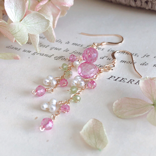再販＊【14kgf】ピンクトパーズ×淡水パール＊ピアス ピアス（フック 