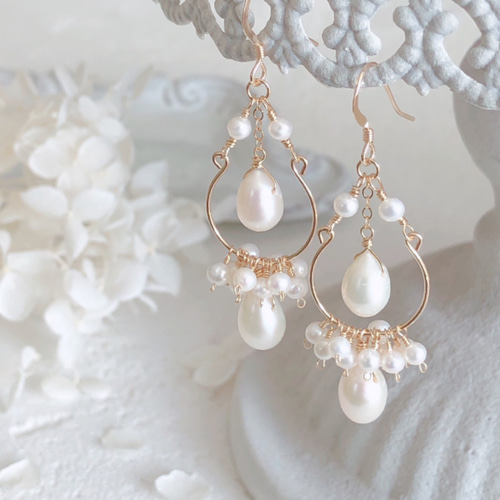 再販＊14kgf】ドロップパール＊シャンデリアピアス ピアス