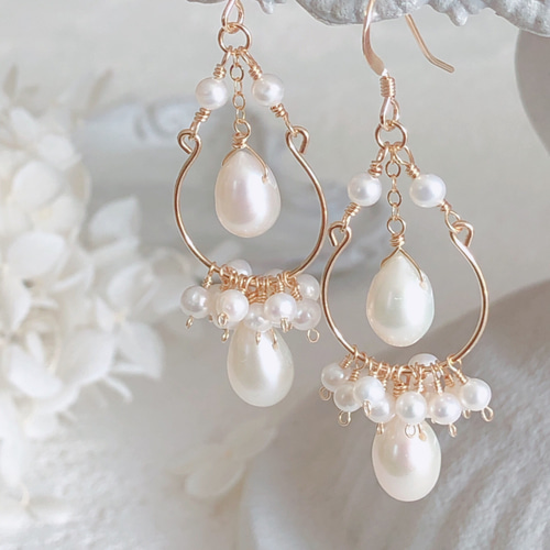再販＊14kgf】ドロップパール＊シャンデリアピアス ピアス