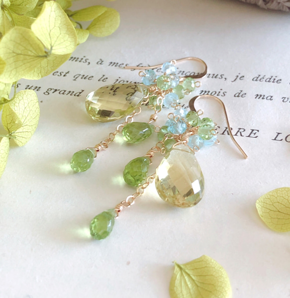 再販＊【14kgf】レモンクォーツ×ペリドット＊ピアス ピアス（フック 