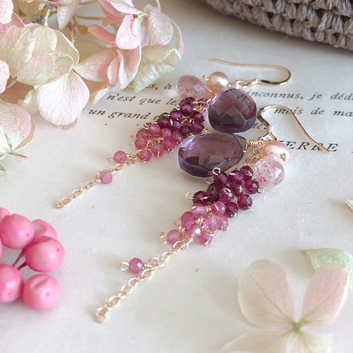 再販＊【14kgf】プラムカラークォーツ×ベリーカラー天然石＊ピアス  