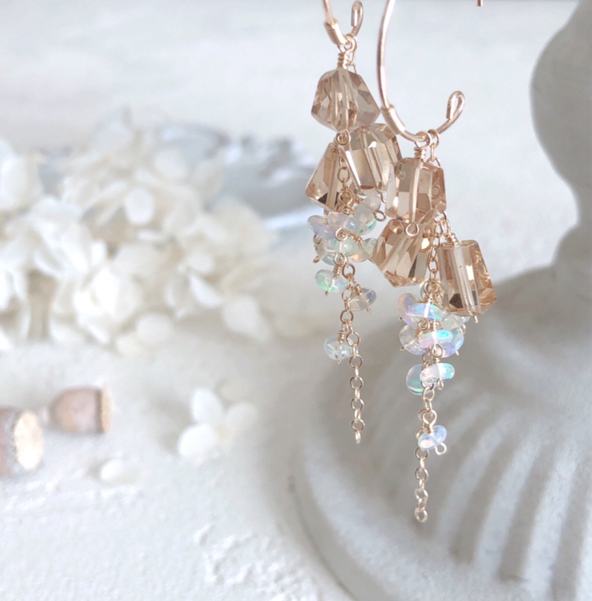 ＊再販＊【14kgf】シャンパンクォーツ×プレシャスオパール＊フープピアス