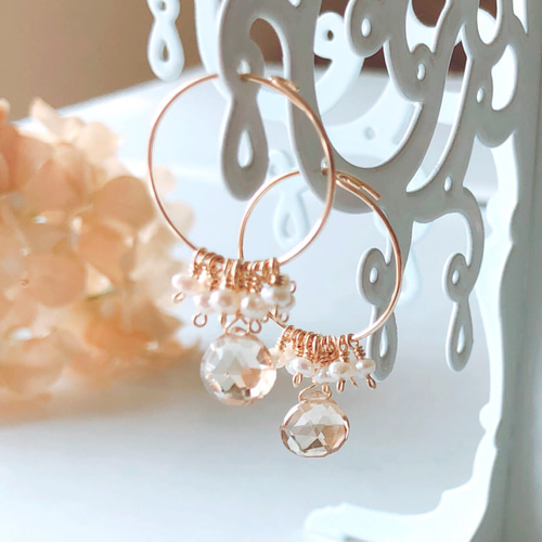 14kgf】シャンパンクォーツ×淡水パール＊フープピアス ピアス