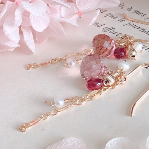 14kgf】クンツァイトカラークォーツ×モザンビークガーネット＊ピアス  